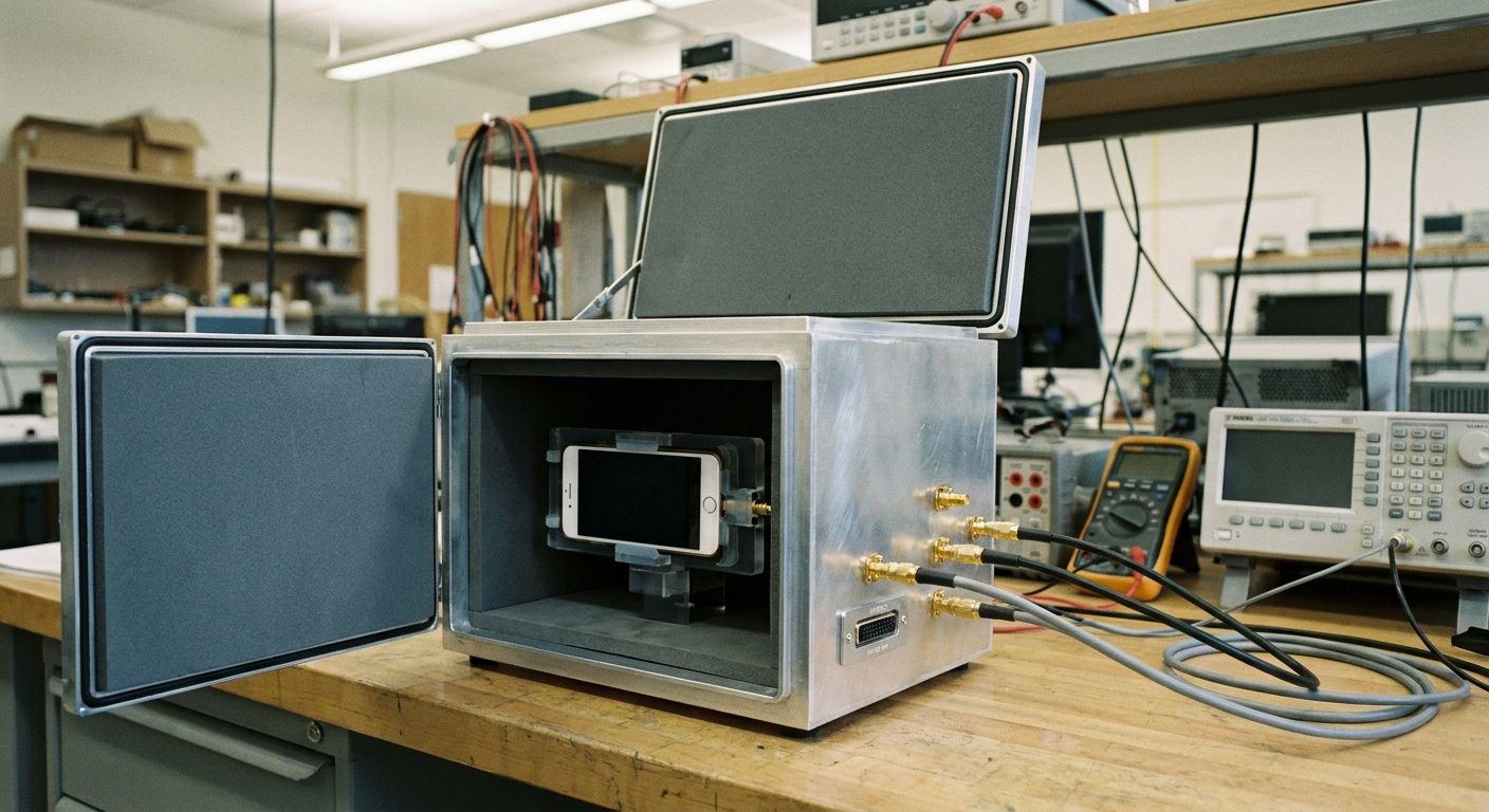 A benchtop RF shield box with its lid open, lined with gray absorber foam, with a phone fixture inside and coaxial connectors on the side panel.