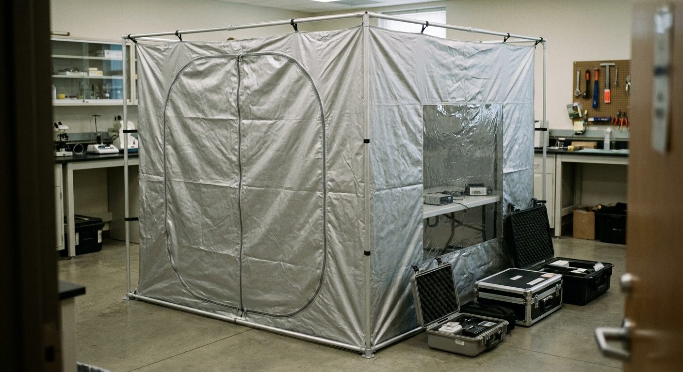 A portable Faraday tent of silver-gray metallized fabric set up on a frame inside a lab, with its zippered entry closed.