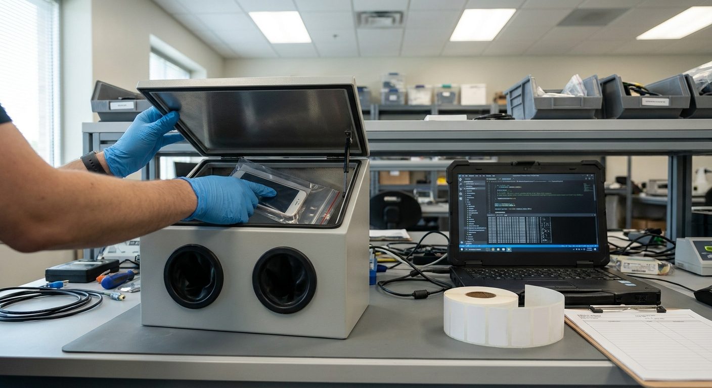A phone in an evidence bag placed inside a small shielded enclosure on a digital forensics lab bench.