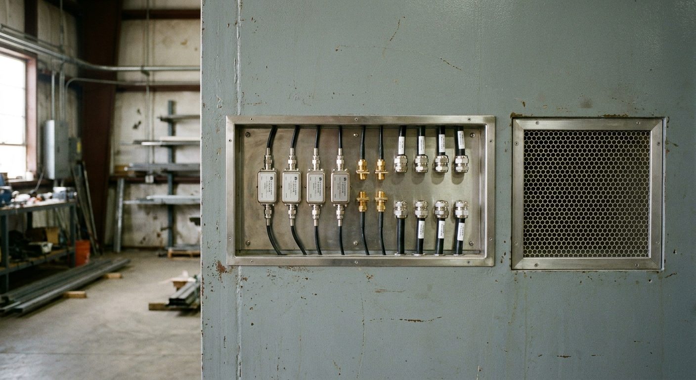 The wall of a shielded room showing a filter panel with feedthrough connectors and a honeycomb waveguide vent.