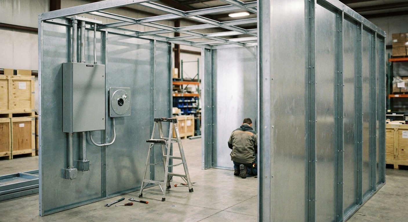 A walk-in modular shielded room built from bolted galvanized steel panels inside a test lab, with its heavy RF door open.