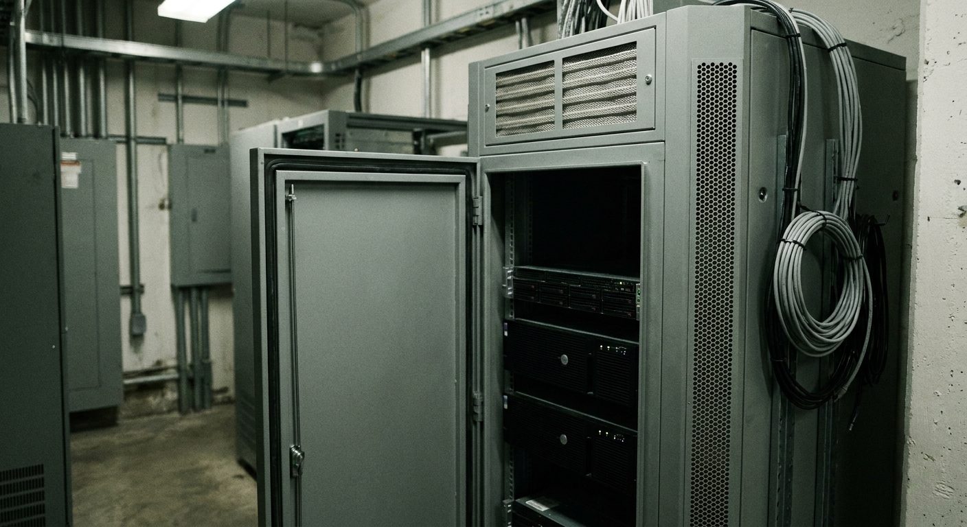 A shielded electronics rack cabinet with a gasketed steel door and a filtered cable entry panel in an equipment room.
